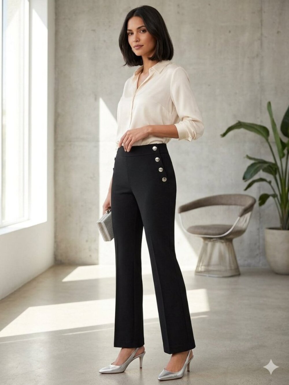 INC International Concepts Black Boot-Cut Stretch Pants with Silver Buttons